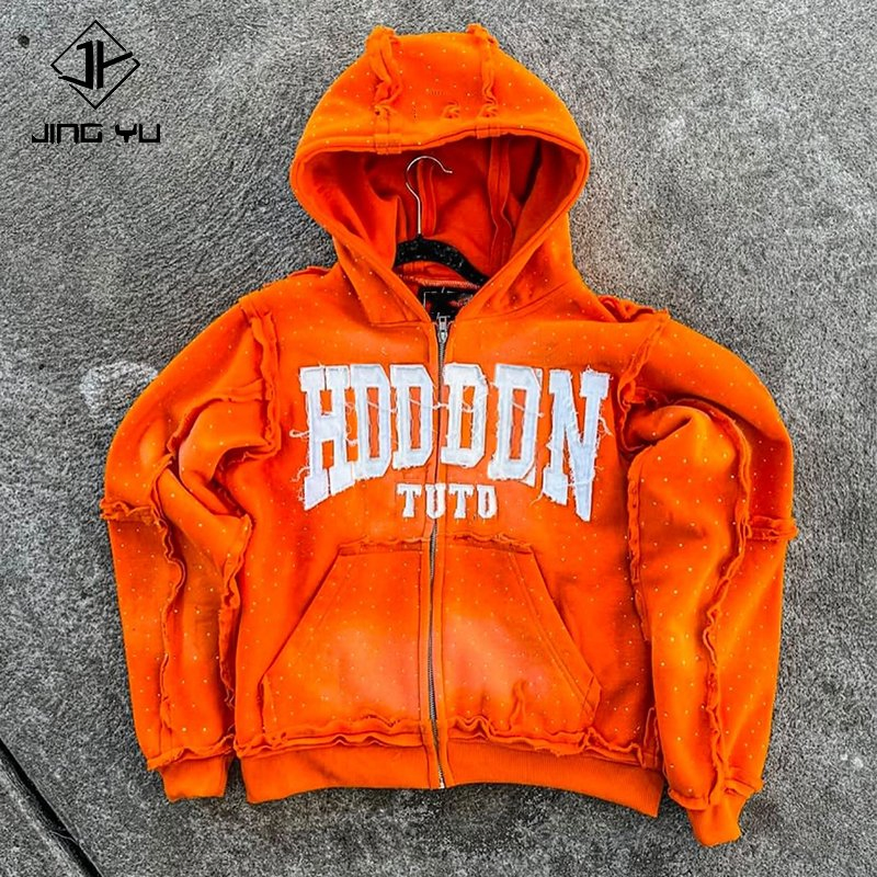 Custom Streetwear Zipper French Terry Thick Acid Wash Rhinestone Sun Faded Applique Embroidered Patch Mens Zip up Hoodies