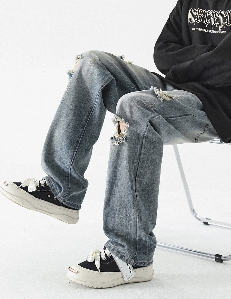 Men's Multi Distressed Design Denim Jeans Loose Straight Wash Blue Men Jeans