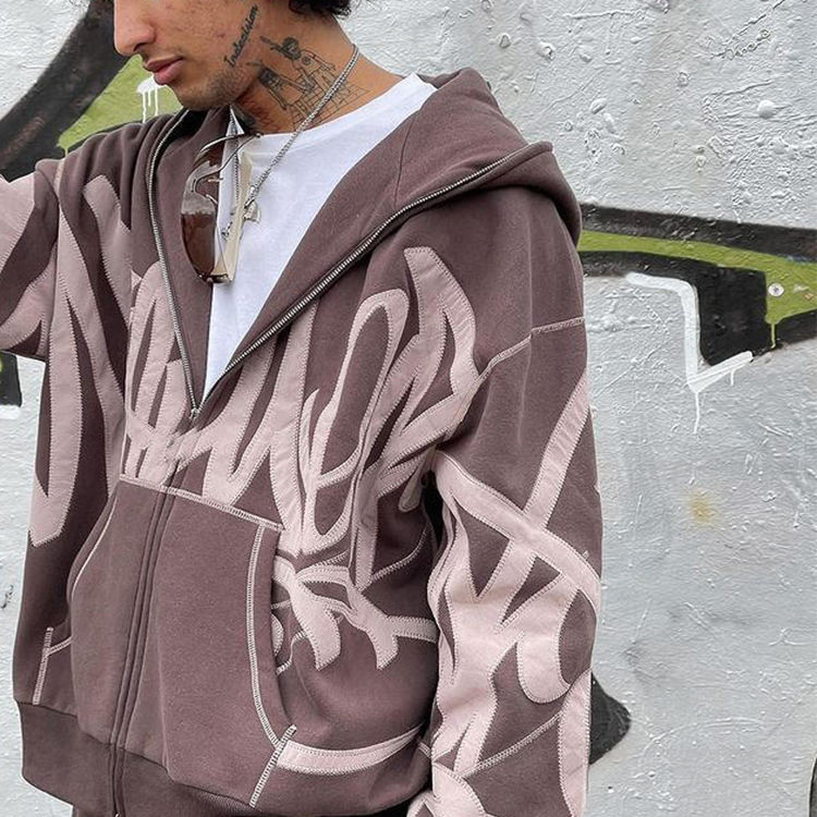 OEM Wholesale Custom Fashion Casual Loose Applique Patch Oversized Hoodies Unisex Street Zip up Hoodie
