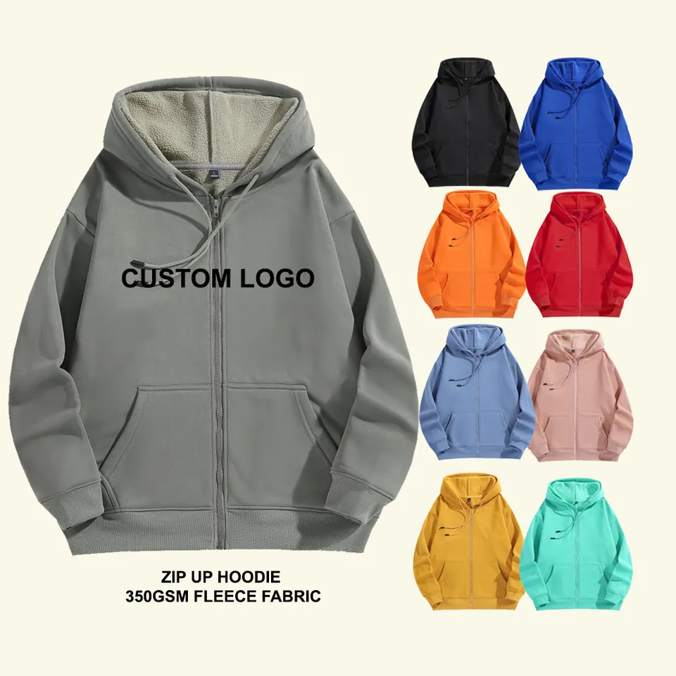 Unisex Custom 350GSM Blank Oversized Custom Logo Sweatshirts Warm Full Zip up Fleece Hoodie