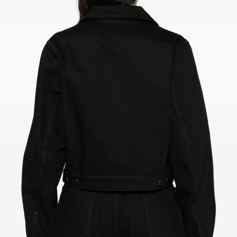 Jet Black Denim Jacket Bold Contrast Topstitching Utility Chest Pockets Classic Collar Button Front Cropped Silhouette