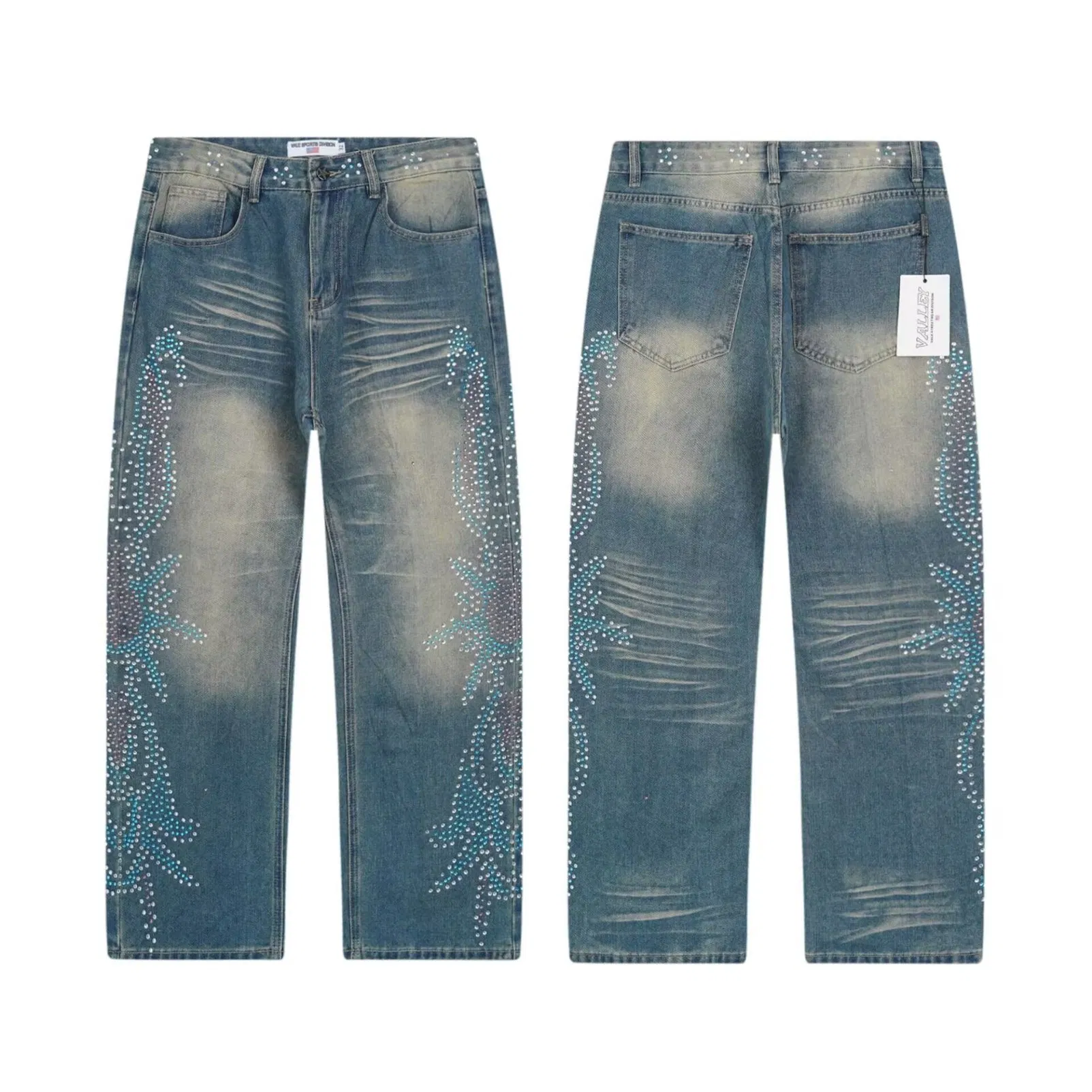 Streetwear Va Forever Rhinestone Decor Men's Vintage Straight Leg Denim Jeans Pants