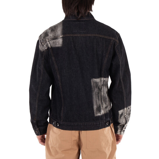 Men's Black Denim Jacket with Splatter Paint &amp; Patchwork - Oversized Streetwear Outerwear