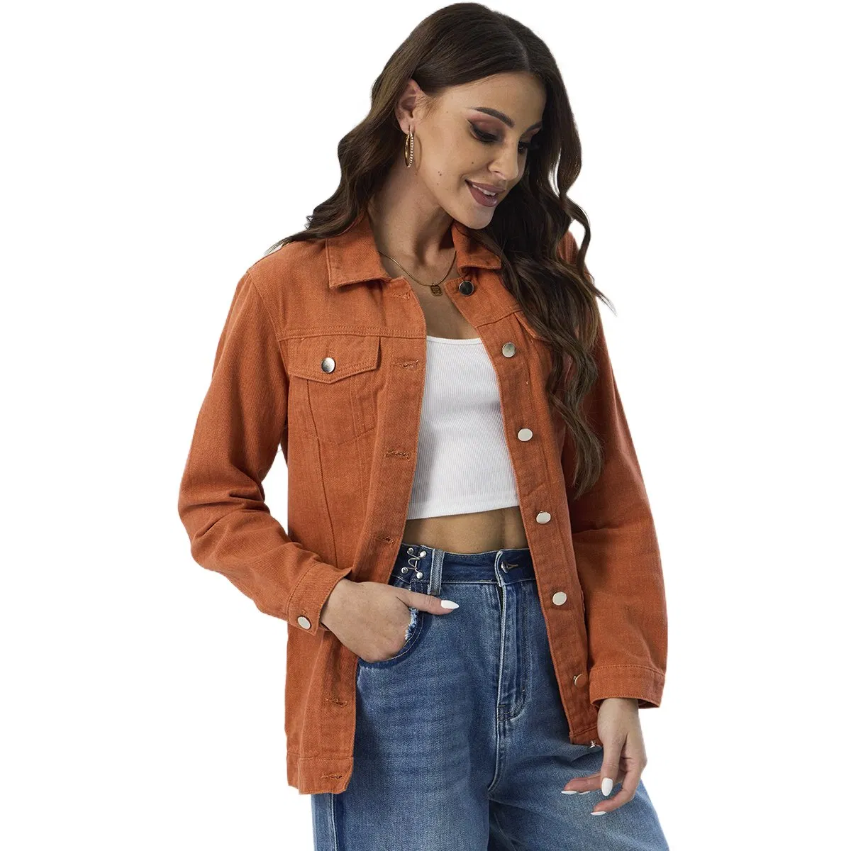 Custom Distressed Casual Brown Oversized Long Sleeve Denim Jacket for Women