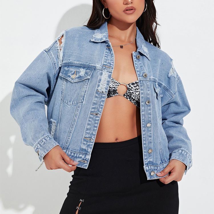 Women's Light Wash Distressed Oversized Cropped Denim Jacket with Button Placket