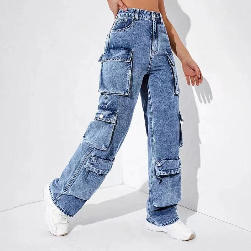 High Waist Relax Multi-Pocket Women Cargo Jeans Trousers