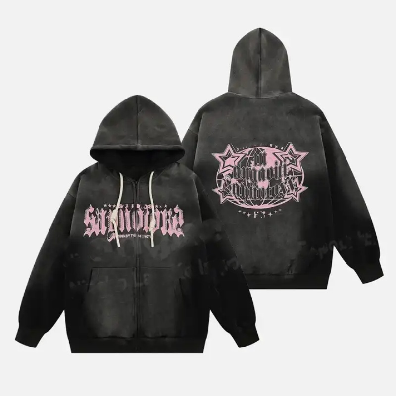 Custom Oversized Cotton 3D Puff Printing Zipper Hoodies Zip up Acid Wash Hoodie Vintage Sun Faded Hoodie for Men