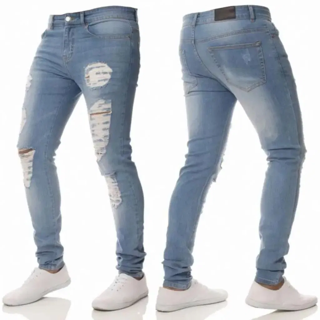 Custom Distressed Enzyme Washed Stonewashed Streetwear Hip Hop Male Ripped Slim Fit Denim Men Skinny Jeans