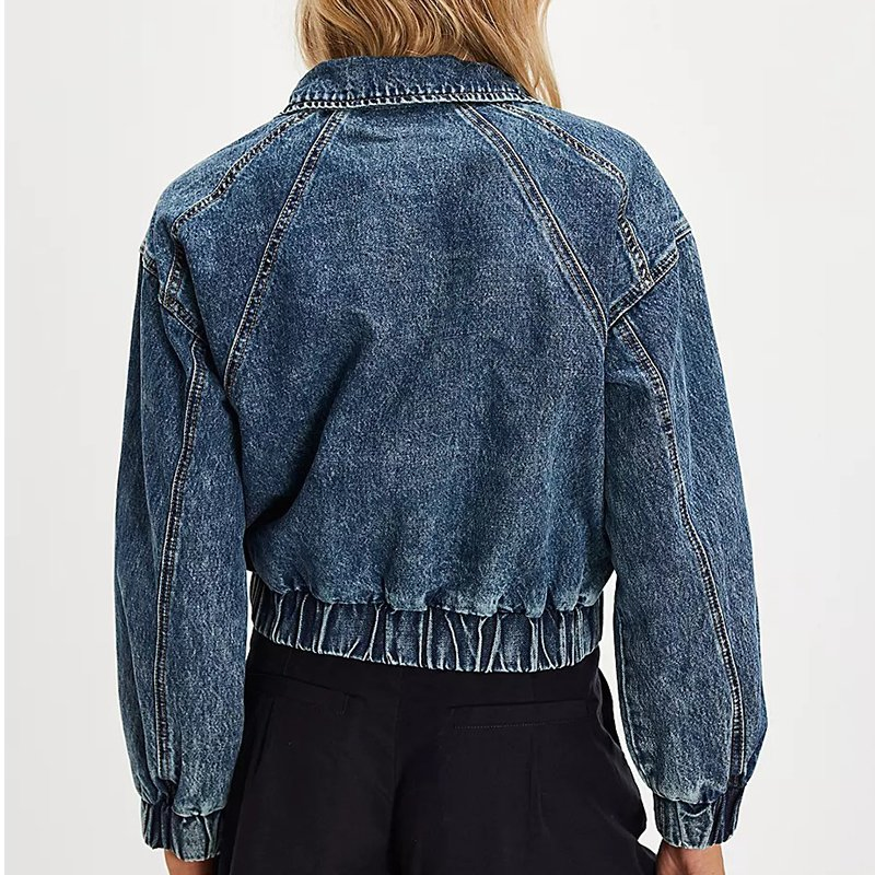 Women's Cropped Washed Denim Jacket - Loose Fit with Button &amp; Ribbed Hem