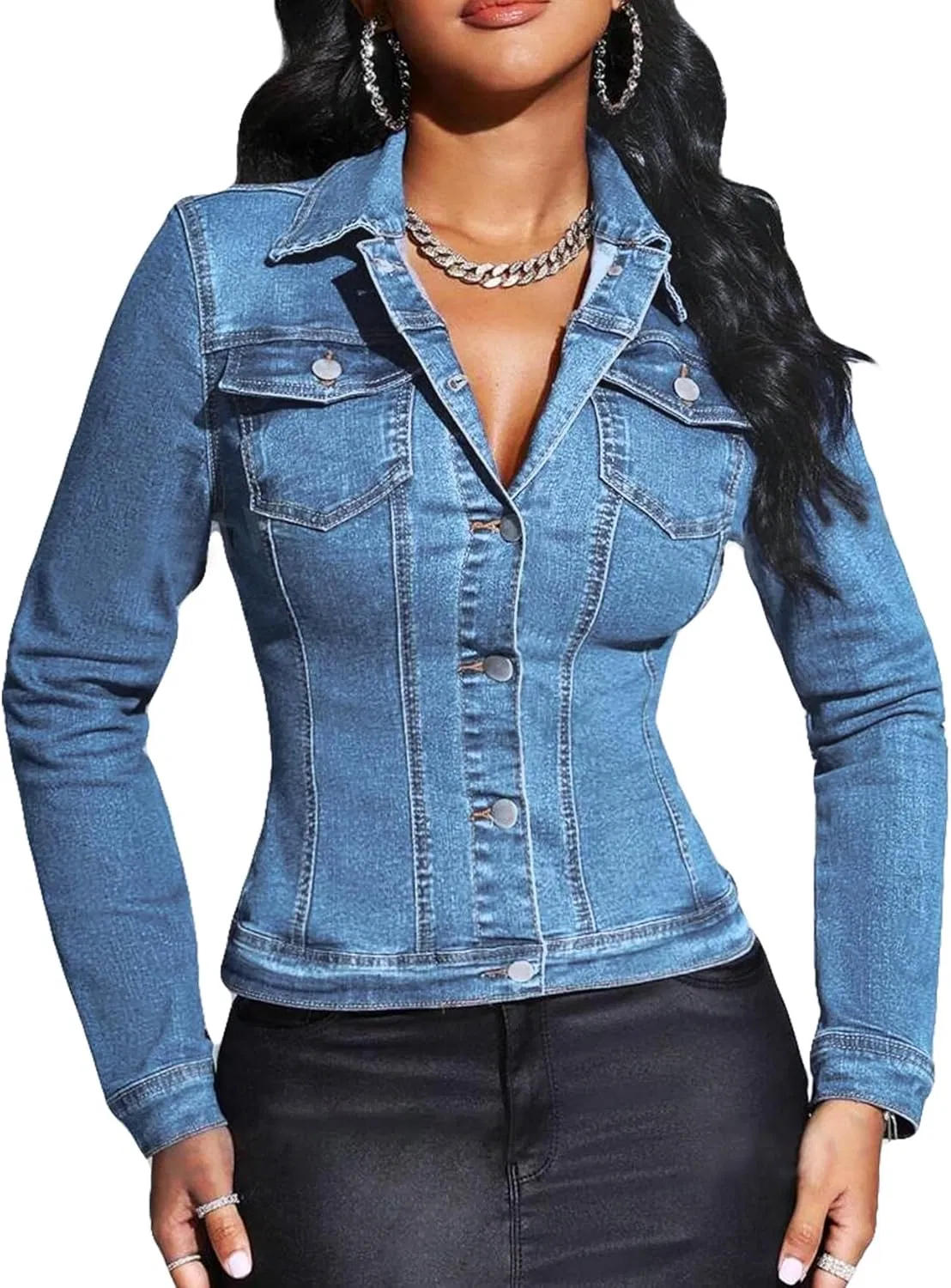 Women Cropped Denim Jacket Lapel Button Down Long Sleeve Slim Fitted Stretchy Short Jean Jacket with Pockets