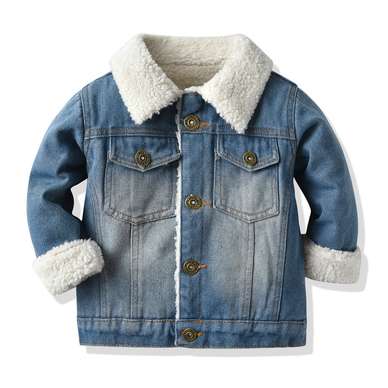 Boys Winter Lapel Enzyme Wash Denim Warm Button Jacket with Sherpa Lining