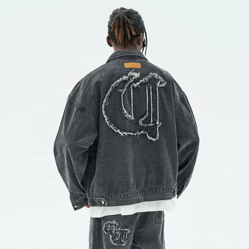 ODM/OEM Denim Jacket High Street Cross Patch Print Embroidery Old Denim Men's Coat Loose and Oversized Retro Denim Jacket Clothing