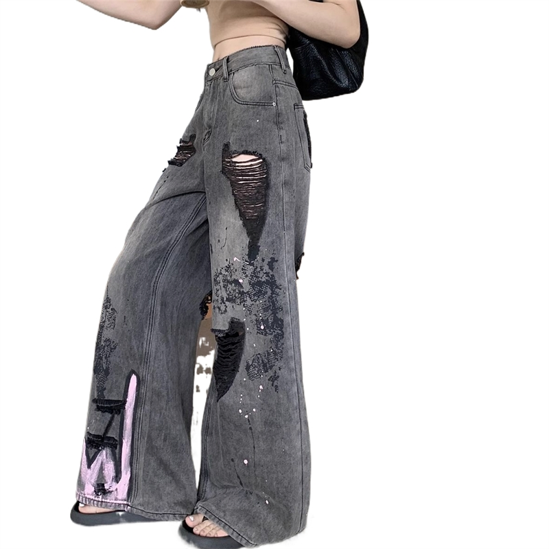 Retro Distressed Graffiti Ripped Ladies' Denim Pants American Style Hot Girl Loose Slim Fitting Straight Leg Trousers Wide Leg Long Pants Women's Jeans