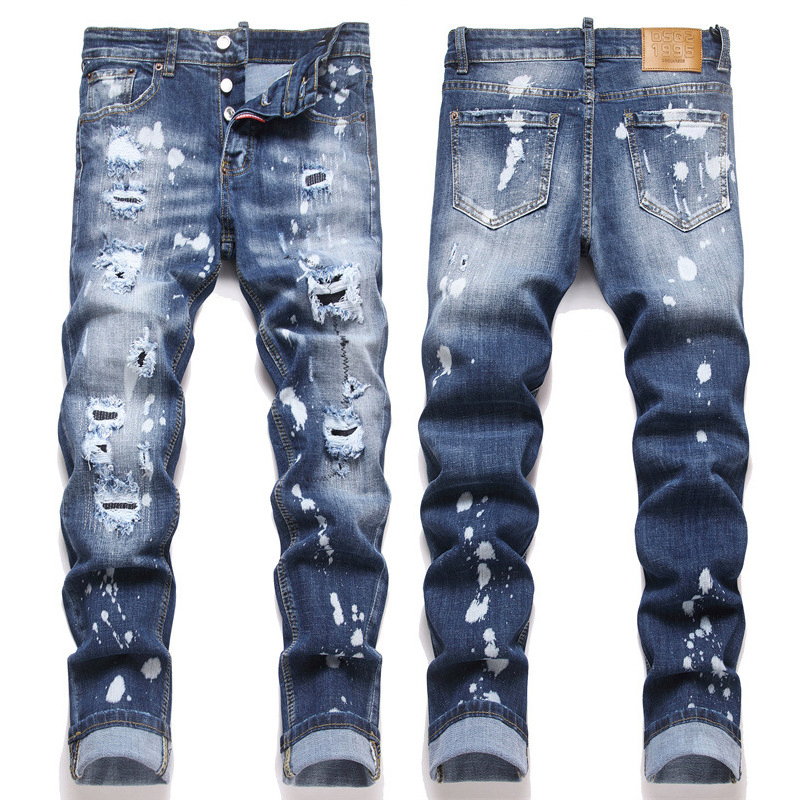High Street Wind DMS Embroidered Jeans Men's Ripped Elastic Slim Legs Men Denim Jeans Casual Distressed Streetwear Washed Jeans