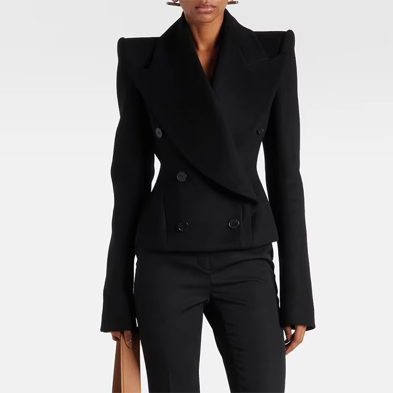 Women V-Neck Office Woven Jacket Winter Elegant Black Cropped Double-Breasted Blazers Business Suits for Formal Ladies Women