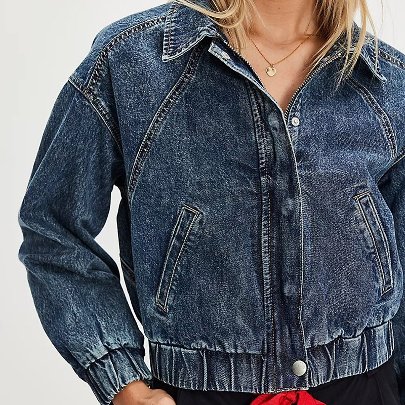 Women's Cropped Washed Denim Jacket - Loose Fit with Button &amp; Ribbed Hem