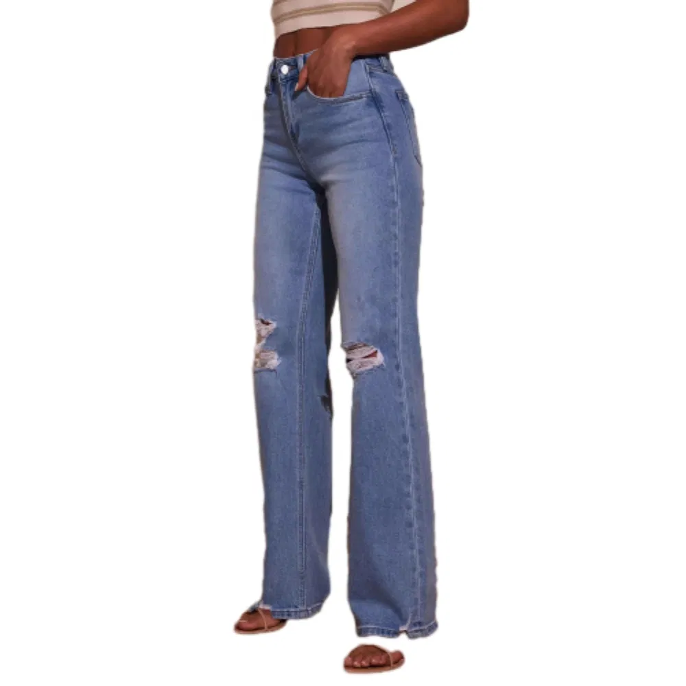 Best-Selling Wholesale Light-Blue Distressed Denim Flare Jeans Comfortable Wear Versatile Styling Pants