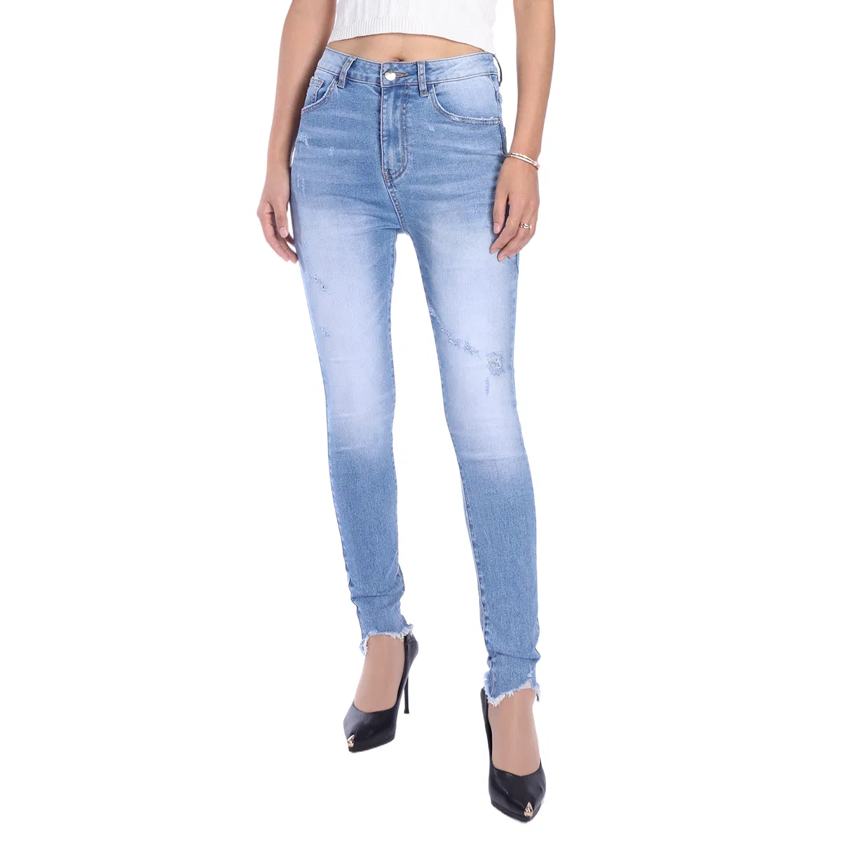 Custom High Waisted Light Blue Ripped Design Raw Hem Women Skinny Jeans