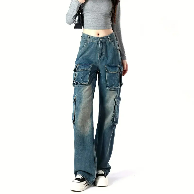 Versatile Women's High-Waisted Wide Leg Dark Washed Multi-Pockets Cargo Jeans