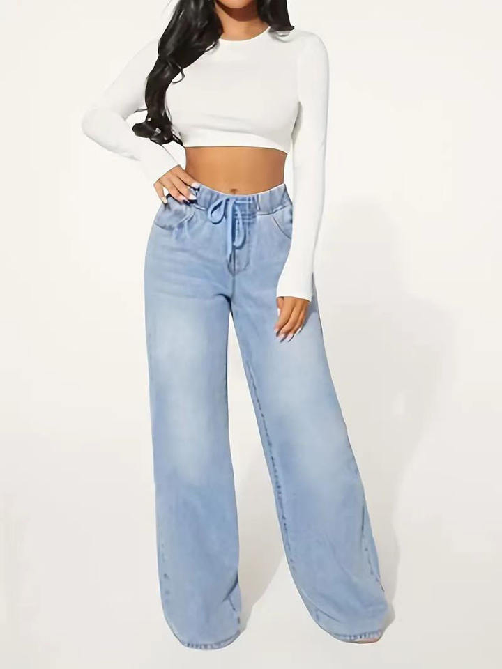 Women's Casual Vintage Light Blue Denim Jeans High Waist Drawstring Loose
