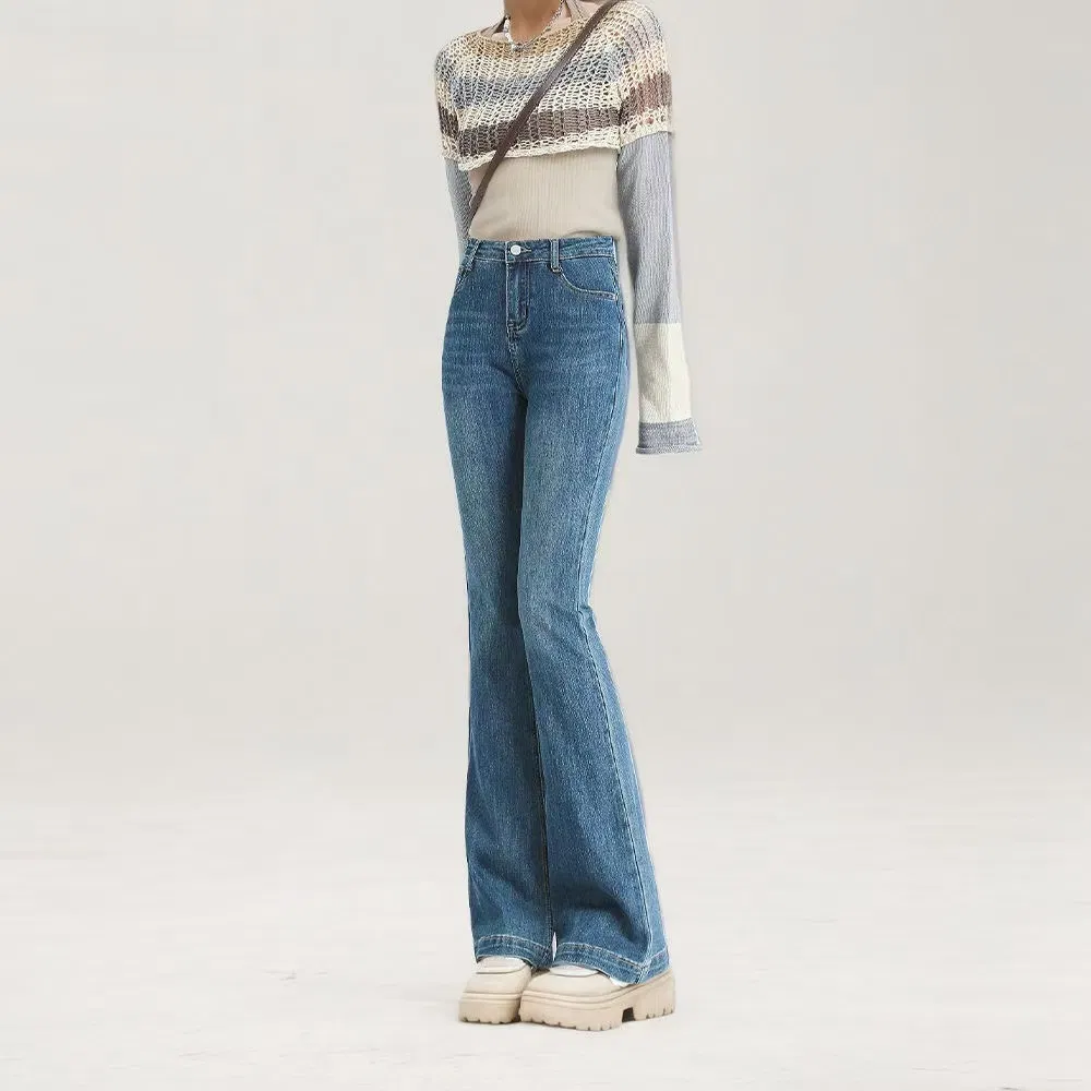 Spring/Summer High-Waisted Cropped Bell-Bottom Flared Jeans for Petite Women Quality Slim Fit Denim Pants Breathable Casual