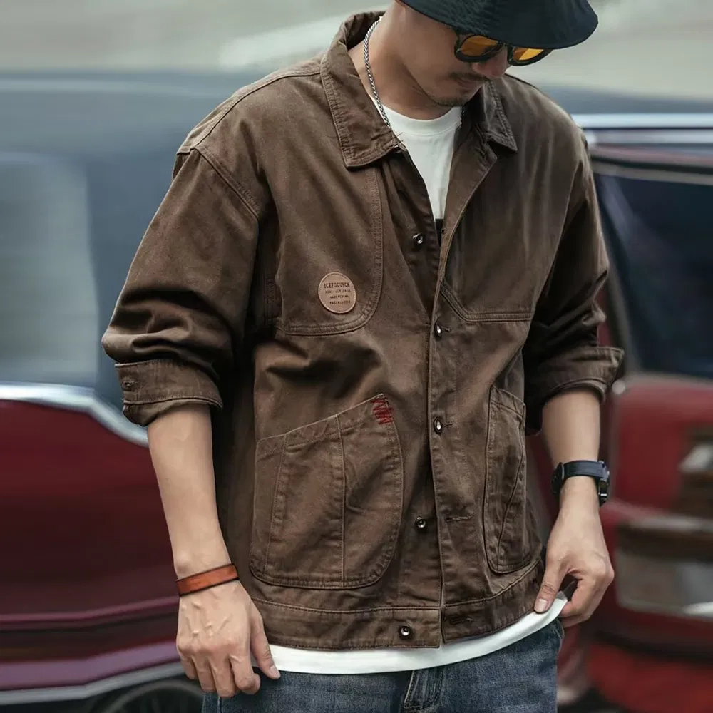 Premium Washed Denim Shirt Jacket Men Oversized Vintage Chic Outerwear