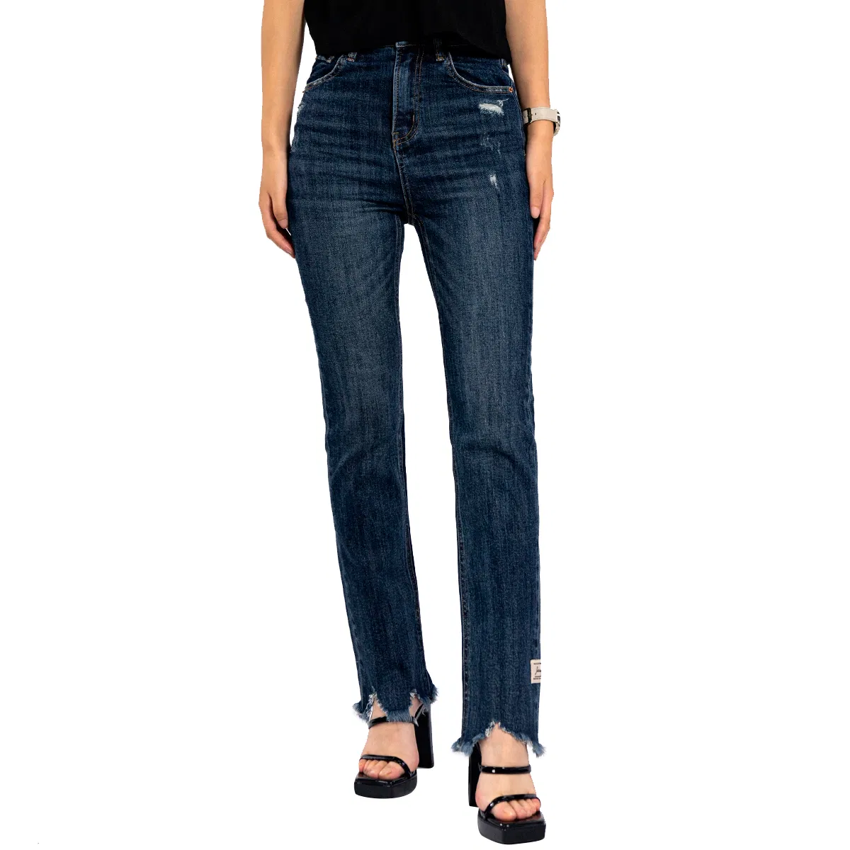 Women Wash Blue Design Cropped Raw Hem Skinny High Waist Jeans