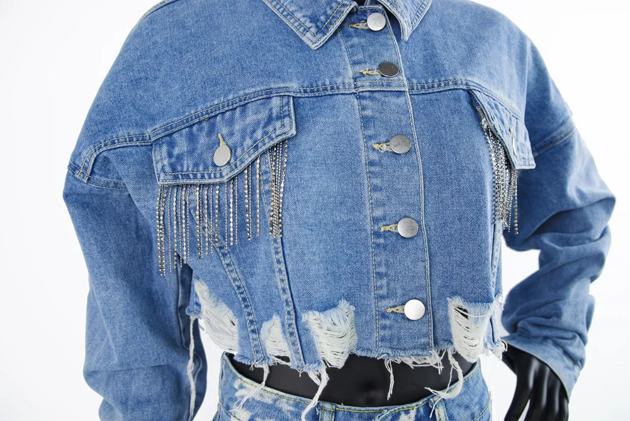 GM03 Women's Vintage Casual Cropped Fringed Short Denim Jackets and Coats with Rhinestone Details