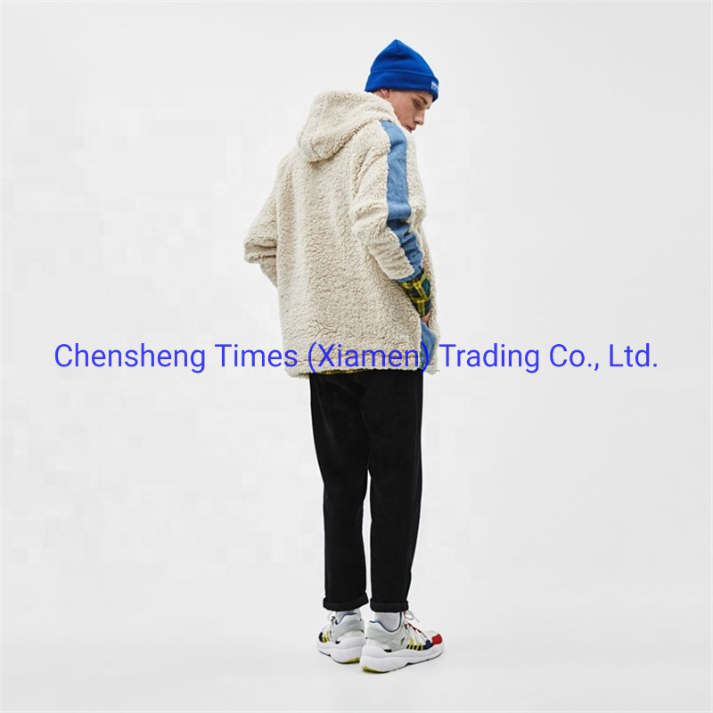 OEM Men Wholesale Outdoor Clothes Front Pouch Pocket Fleece Denim Stripe Hooded Sherpa Warm Jacket