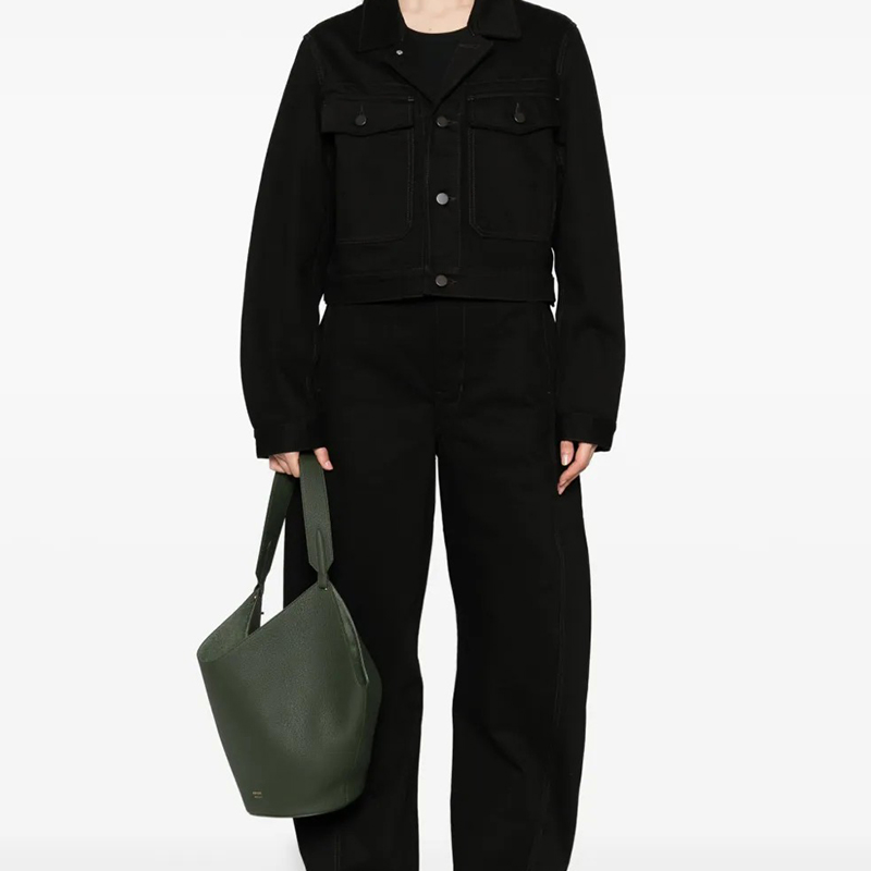 Jet Black Denim Jacket Bold Contrast Topstitching Utility Chest Pockets Classic Collar Button Front Cropped Silhouette