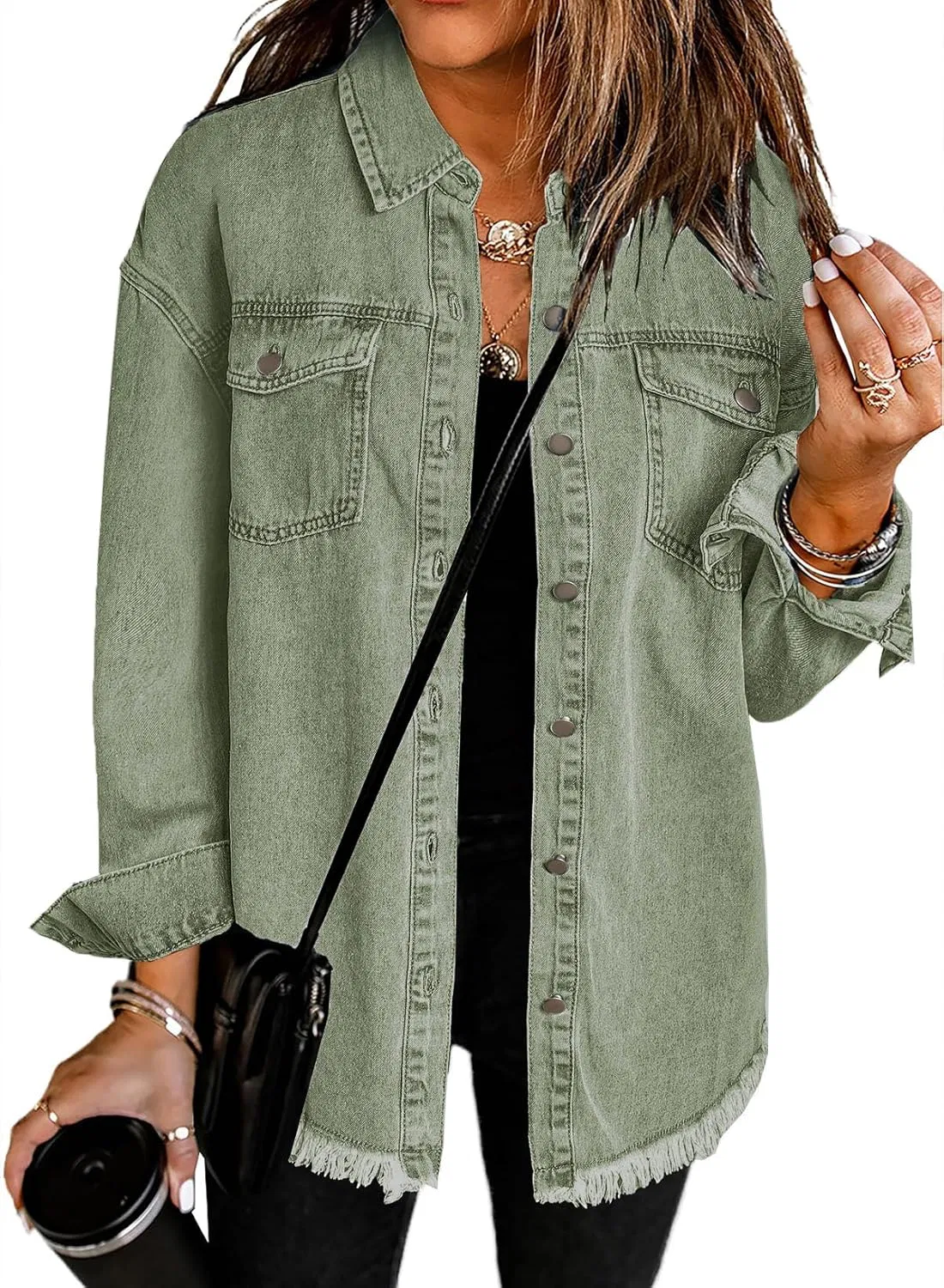 Women's Oversized Denim Jacket Casual Long Sleeve Denim Shirts Distresse Jean Jacket 2025 Spring Outfits