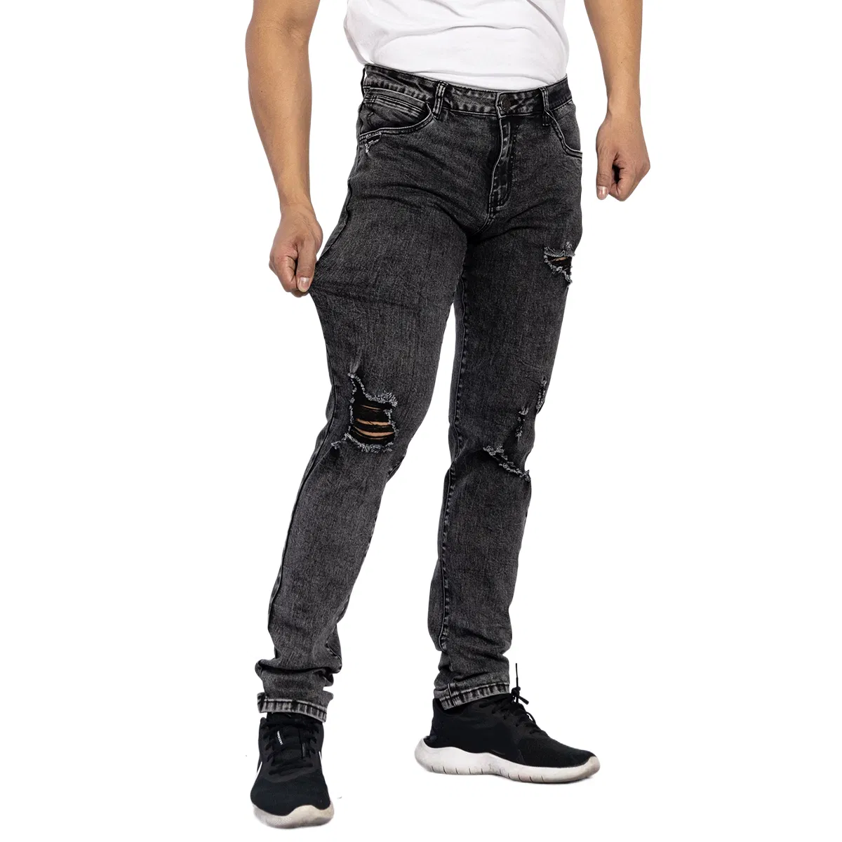 Custom European Style Grey Money Washed Ripped Destroyed Hole Man Skinny Jeans