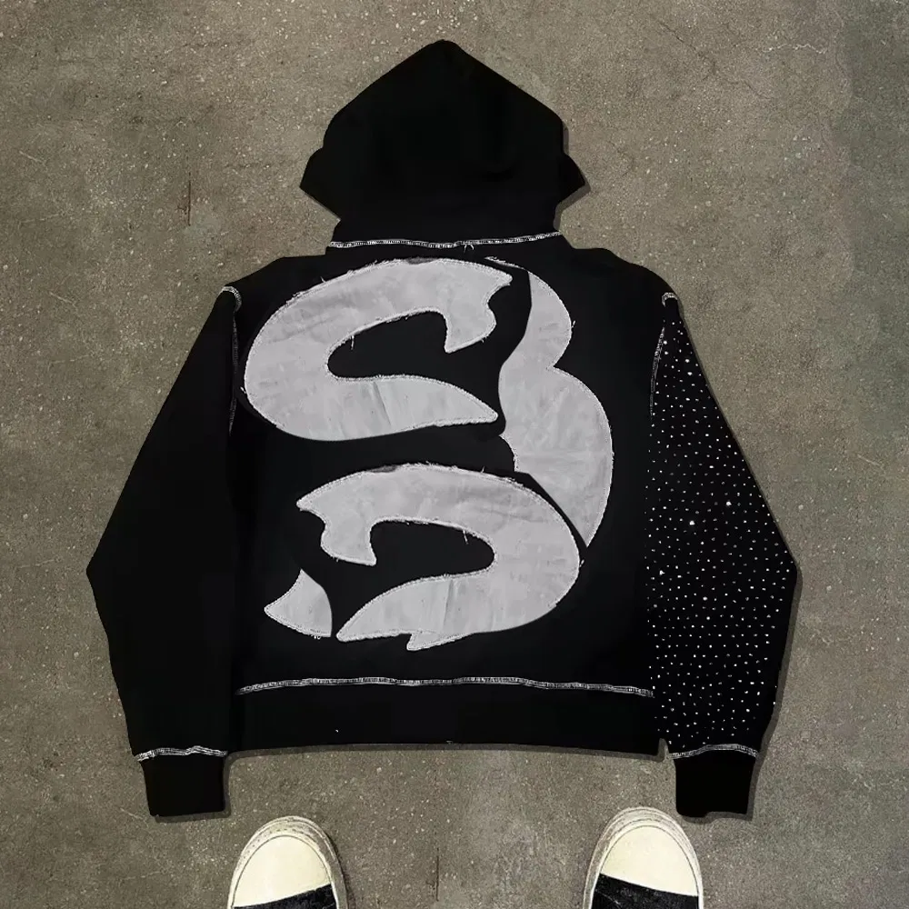 Luxury Spring Cotton Patch Zipper Hoodie for Men Customized Logo Oversized Embroidery Hoodie Streetwear Rhinestone Zip up Hoodie