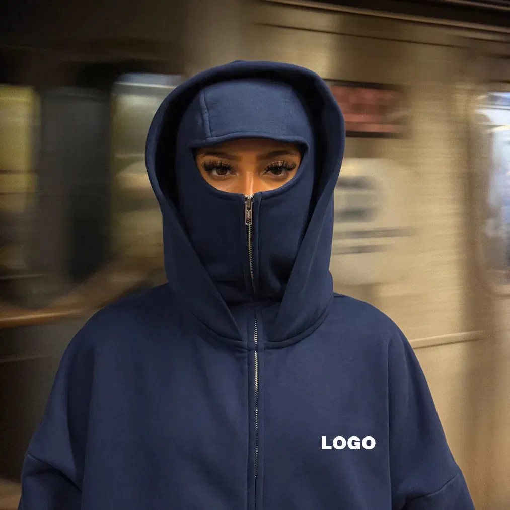 Custom Unisex Acid Wash 500GSM Cotton Full Zip up Double Hoody Unique Design Balaclava Hoodies Men's Streetwear Ninja Oversized Pullover Sweatshirt