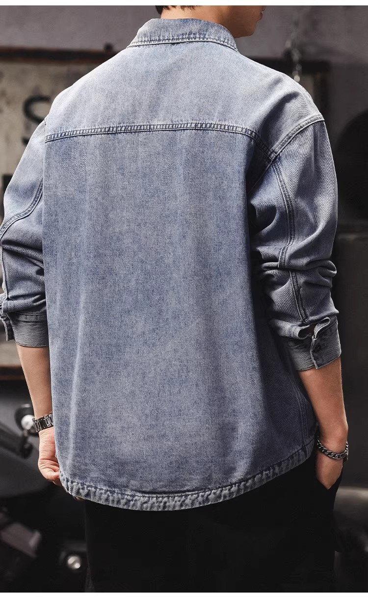 Wholesale Men's Vintage Washed Denim Utility Jacket, Oversized Streetwear Trucker Jacket for Men