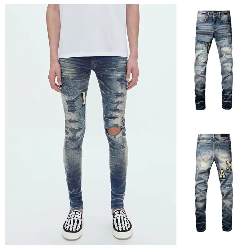 Wholesale High Quality Cotton Streetwear Distressed Wash Straight Style Stonewashed Amy Denim Trousers Pants Men's Jeans Clothes