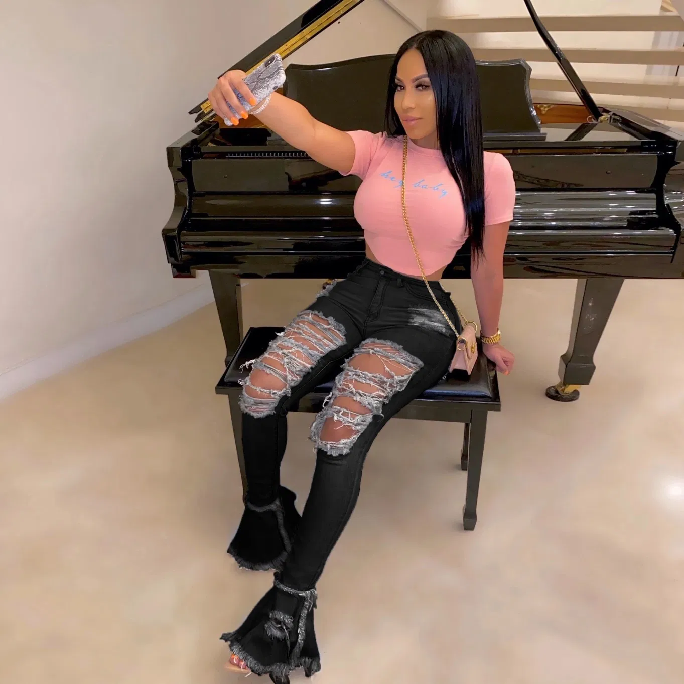 Custom New Fashion Demin Jeans Flare Ripped Comfy Stretch Skinny Hole Women Jeans