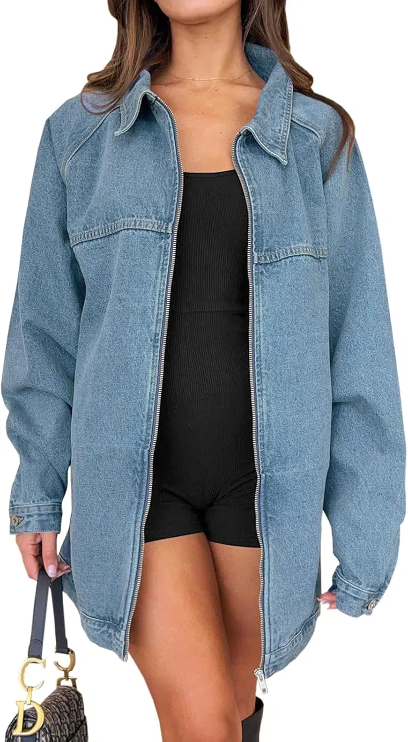 Women's Oversized Denim Jacket Zip Front Long Sleeve Pocket Casual
