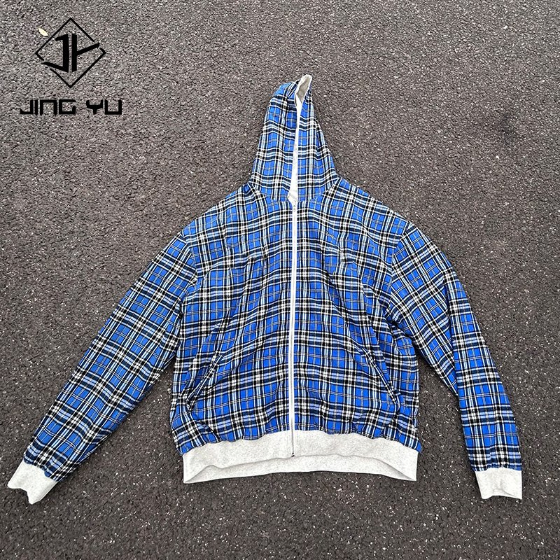 Zip up Hoodie Custom Big Oversized Boxy Patchwork Double- Layered Reversible Plaid Print Pattern Jacket French Terry Hoodies
