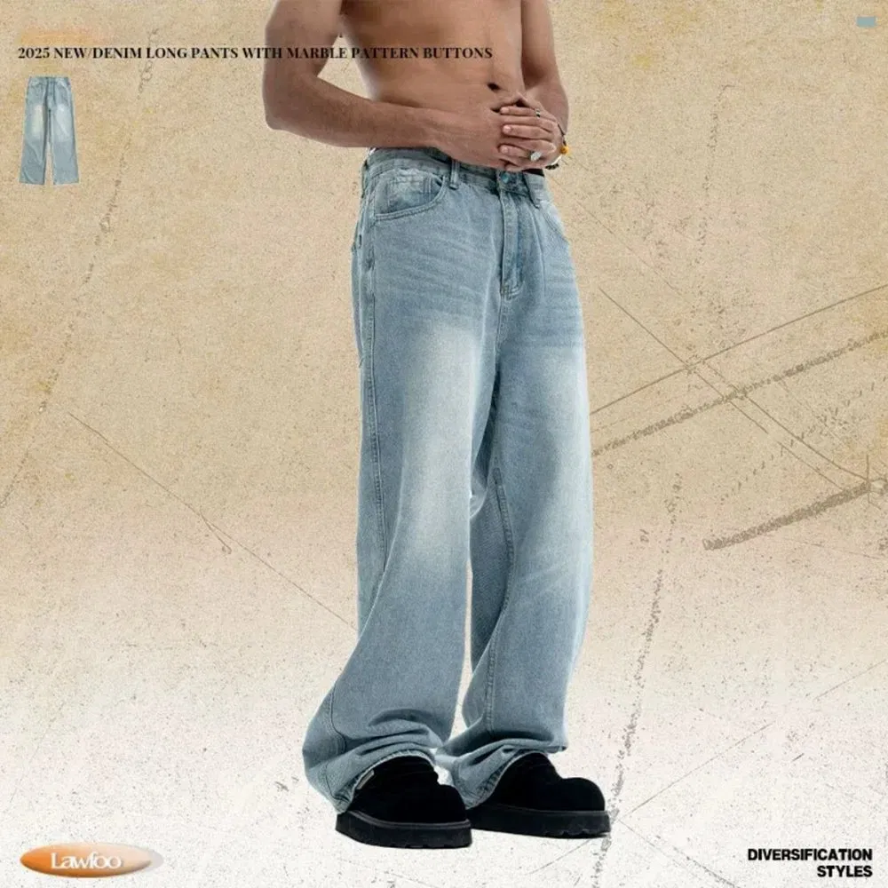 American Vintage Distressed Frayed Jeans Water-Washed Relaxed Fit Slimming Wide-Leg Pants Casual Straight-Leg Trousers