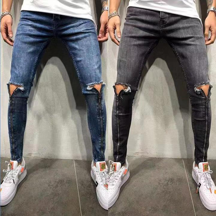 OEM High Stretch Quality Ripped Zipper Pants Men Skinny Fit Denim Jeans Blue &Black Jeans