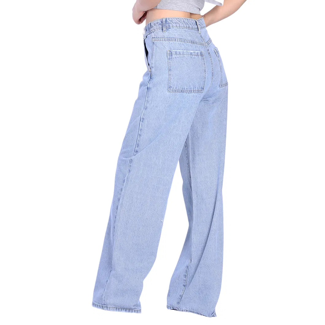 Custom Vibrant Light Blue High Waist Baggy Wide Leg Women Mom Denim Jeans