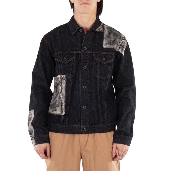 Men's Black Denim Jacket with Splatter Paint &amp; Patchwork - Oversized Streetwear Outerwear