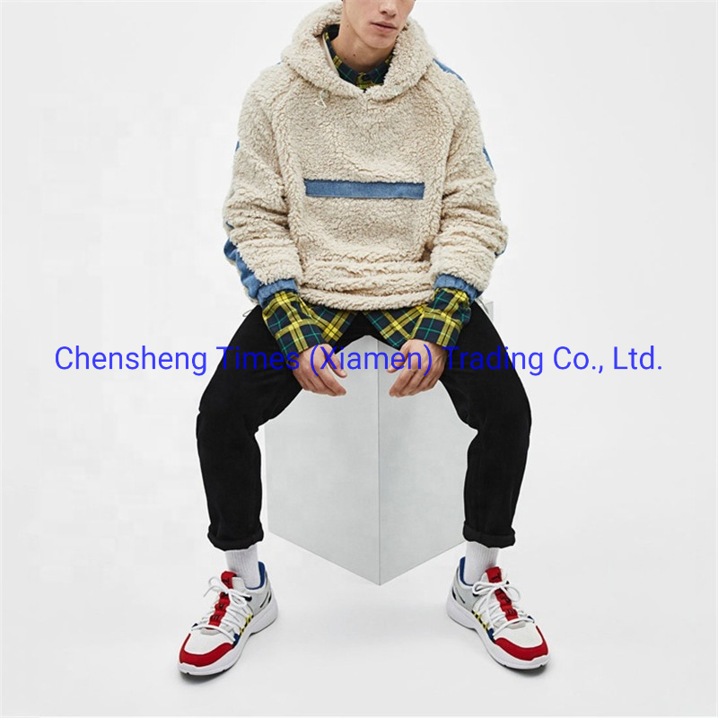 OEM Men Wholesale Outdoor Clothes Front Pouch Pocket Fleece Denim Stripe Hooded Sherpa Warm Jacket