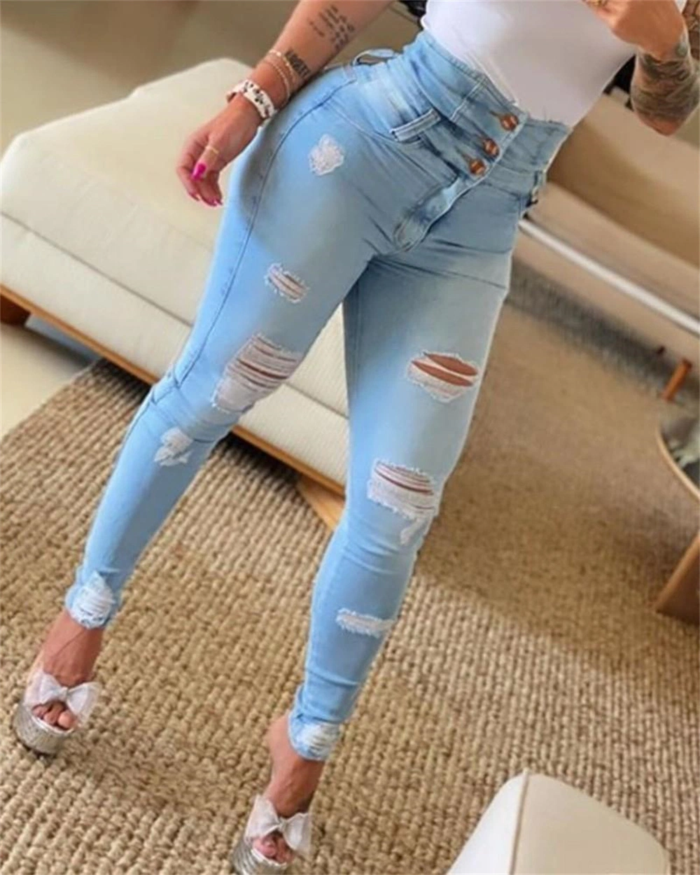 American High Waist Ripped Personality Trend Small Feet Trousers Women's Jeans
