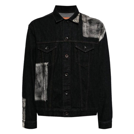 Men's Black Denim Jacket with Splatter Paint &amp; Patchwork - Oversized Streetwear Outerwear