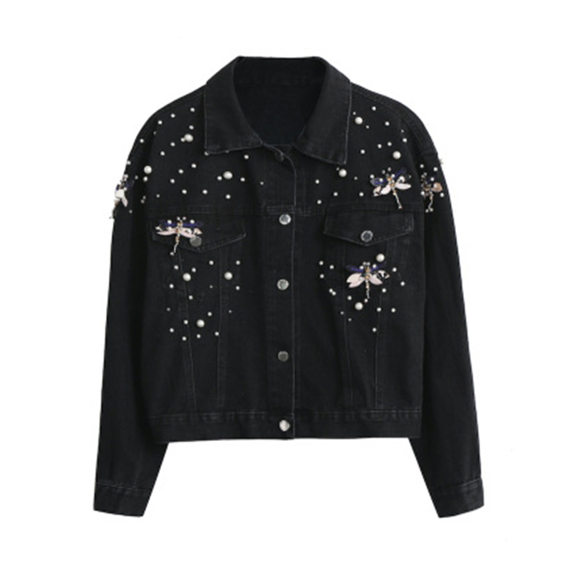 High-Quality Wholesale Autumn Pearl-Dragonfly-Decorated Lapel-Collar Single-Breasted Cropped Chic Women's Denim Jacket