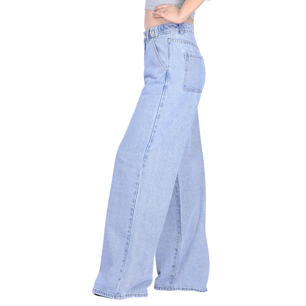 Custom Vibrant Light Blue High Waist Baggy Wide Leg Women Mom Denim Jeans