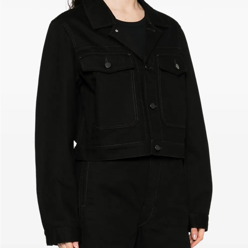 Jet Black Denim Jacket Bold Contrast Topstitching Utility Chest Pockets Classic Collar Button Front Cropped Silhouette