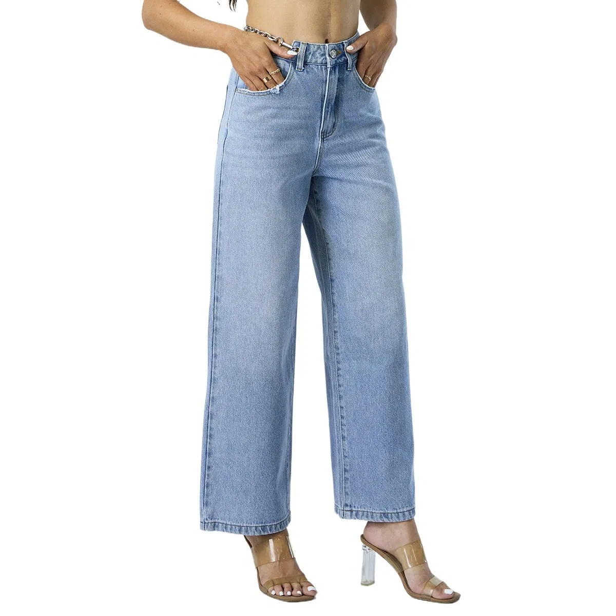 Fashion Wide Leg Pants Cut off Waist Straight Denim High Quality Jeans for Women